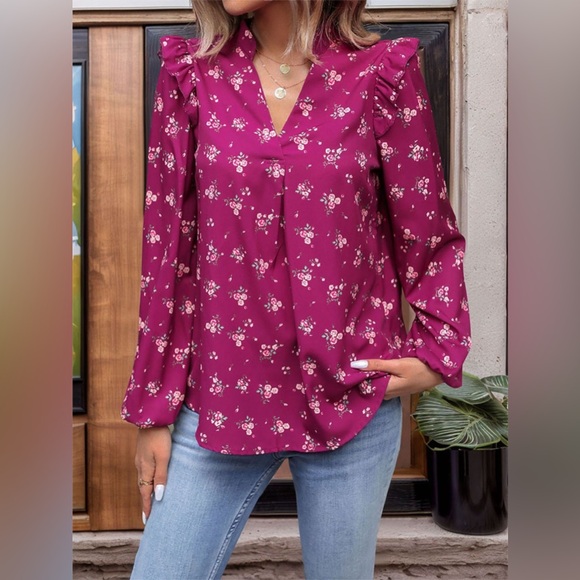 Ruffled Printed Notched Long Sleeve Blouse - Picture 1 of 6